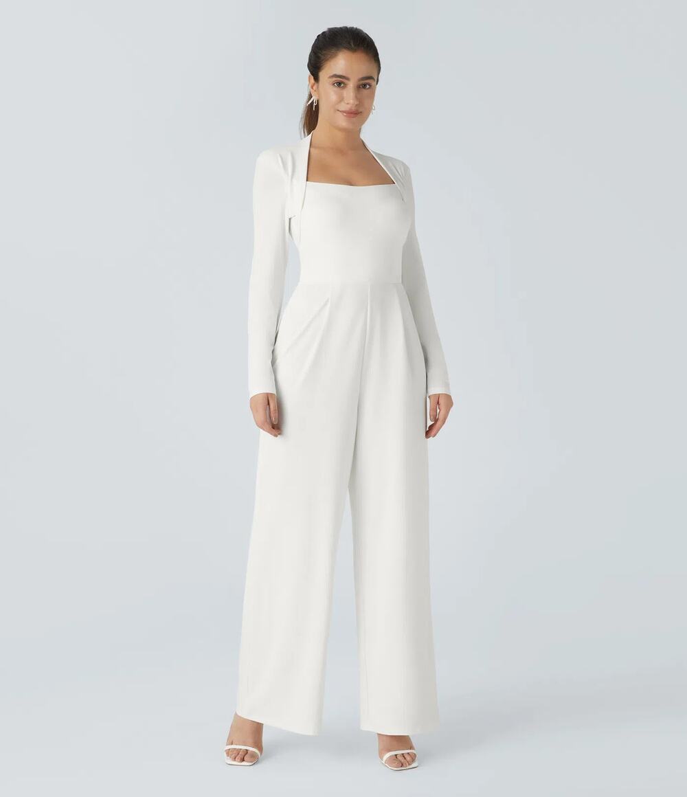 Halara Long Sleeve Wide Leg Jumpsuit Casual White Stretch Bridal Small